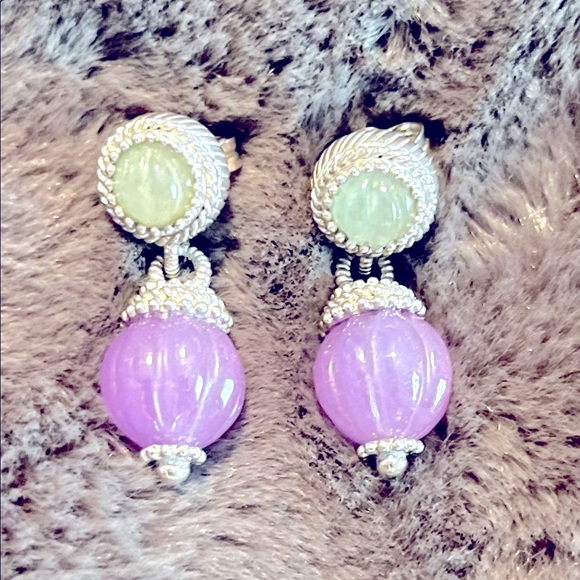 Rare Judith Ripka Green and Purple Jadeite dangle pierced earrings.